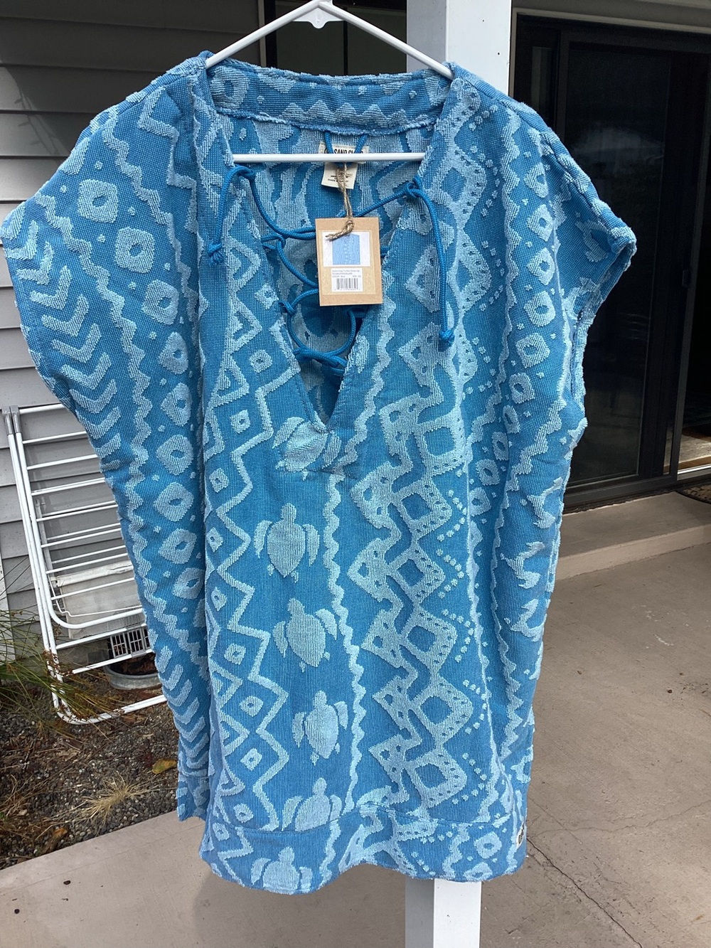 Blue Lace-Up Beach Tunic with Geometric & Turtle Motif